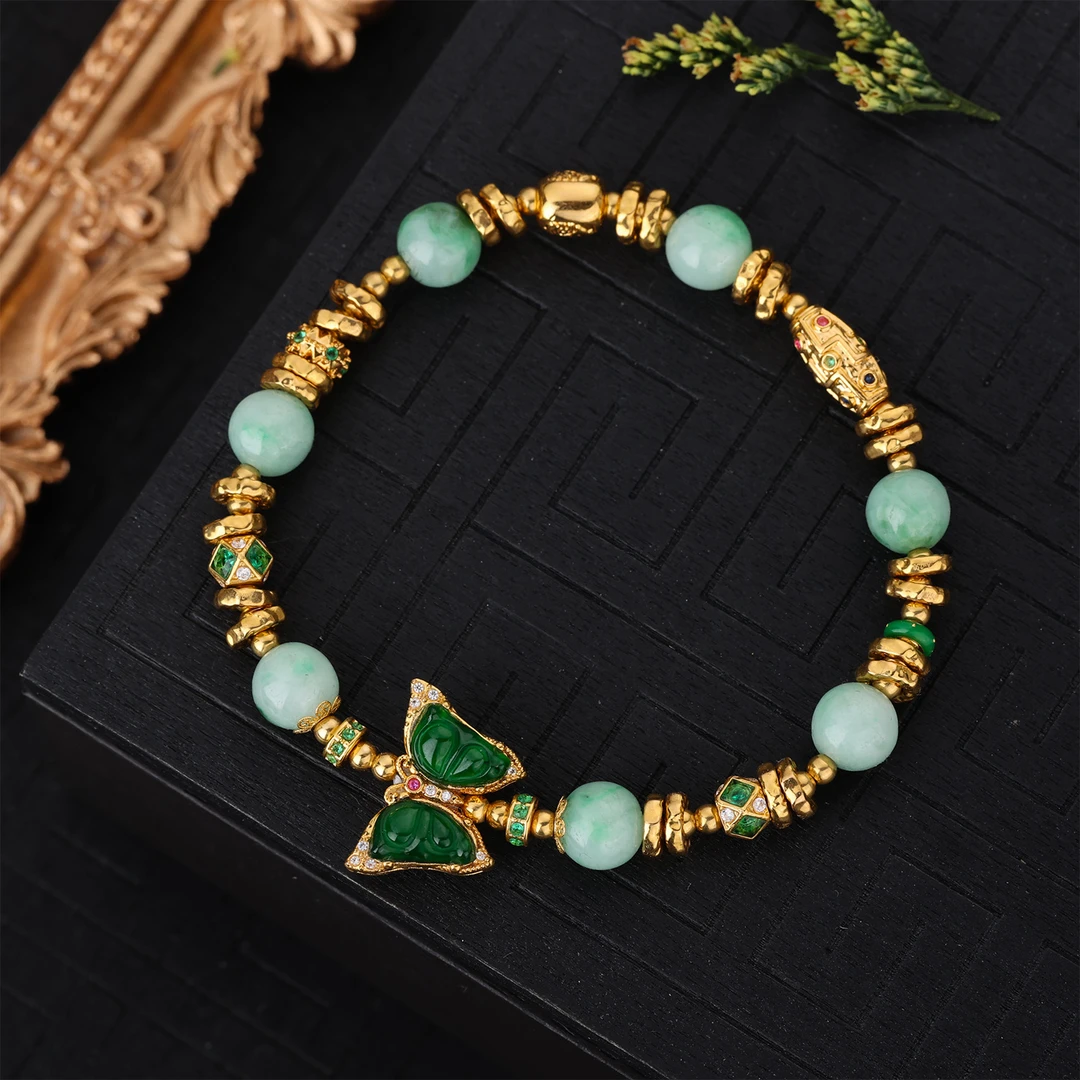 【来福原创】18k金缅A翡翠蝴蝶扎基拉姆九眼桶珠盘缠果绿翡翠手串