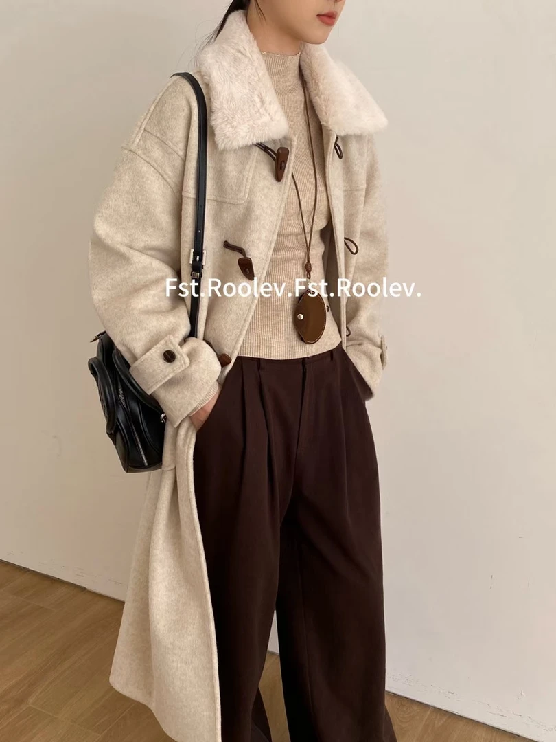 韩系加棉羊毛厚实毛毛领长款牛角扣洋气外套