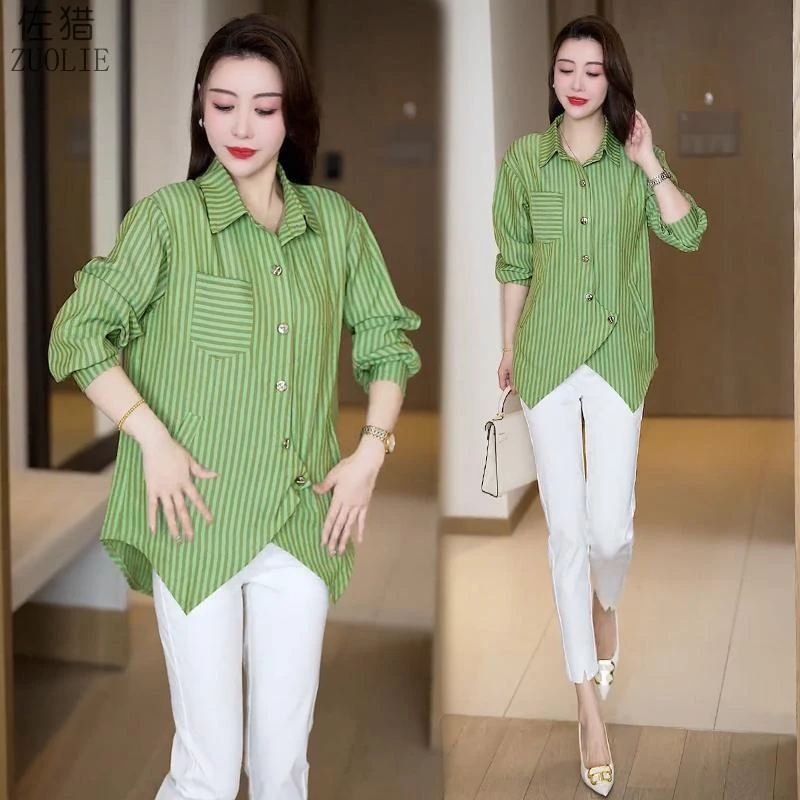 条纹衬衫女2025春新款时髦洋气不规则遮肉显瘦中长款长袖衬衣外套