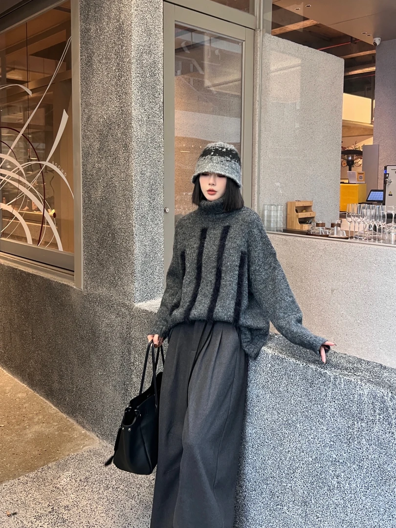 CZ【云糯】冬季常规慵懒风宽松型休闲圆领纯色毛衣厚款