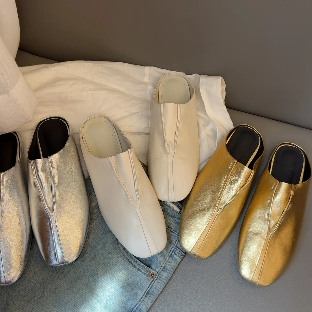 【六呈六】羊皮/2CM/极简老钱法式时尚休闲一脚蹬穆勒包头凉拖鞋女