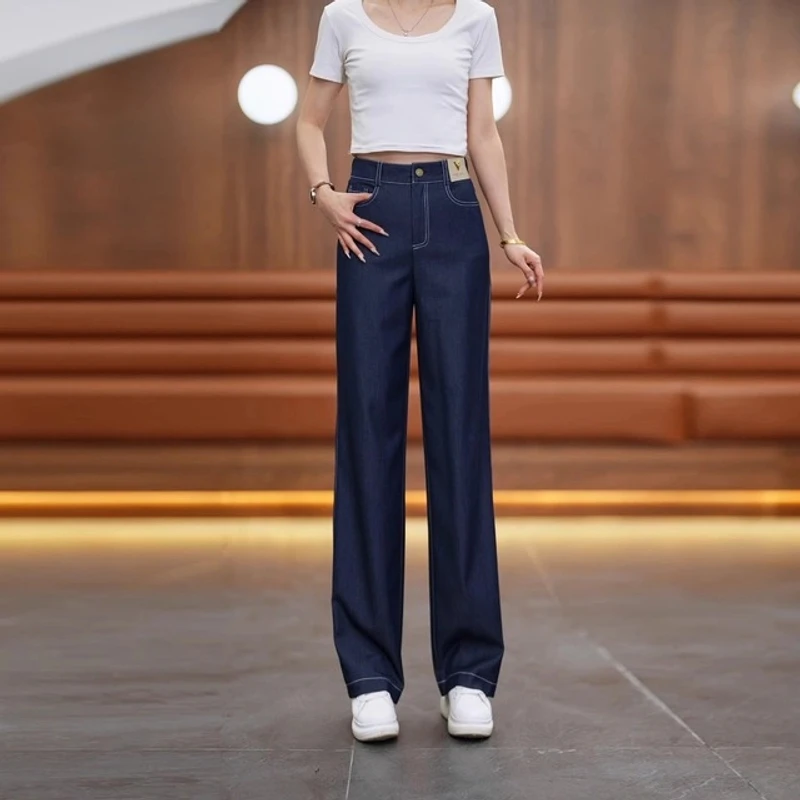 丹宁蓝窄版直筒牛仔裤女2025夏款新款薄款高腰显瘦休闲垂牛仔阔腿