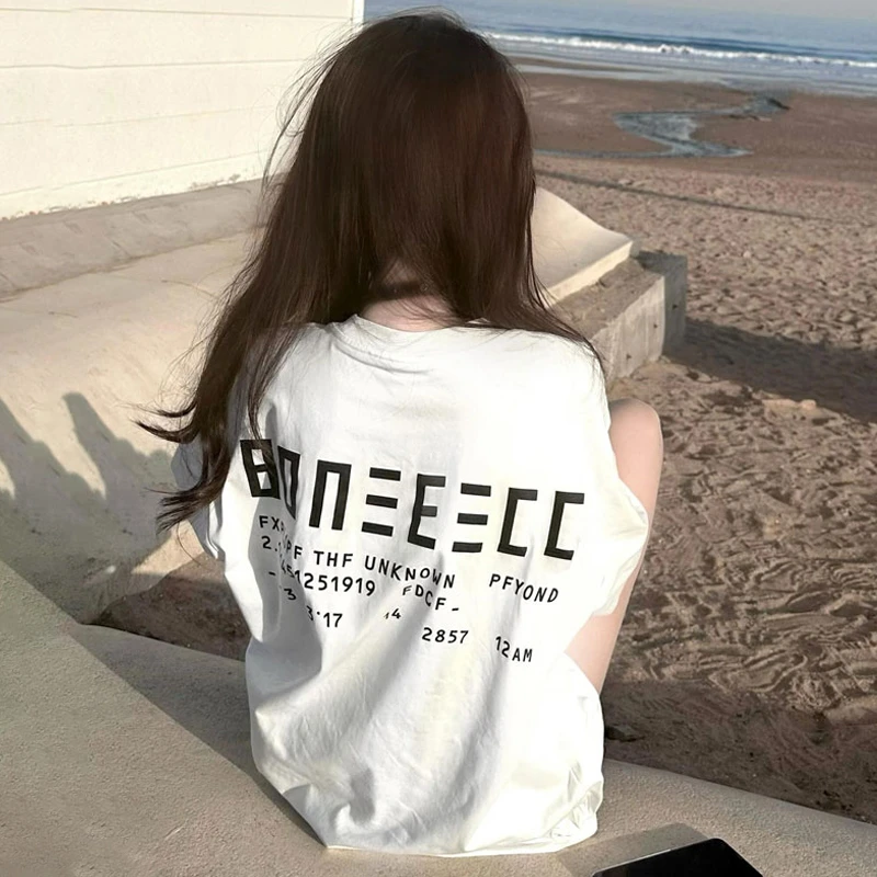 白色美式复古纯棉短袖T恤女夏季重磅慵懒风情侣oversize潮牌上衣