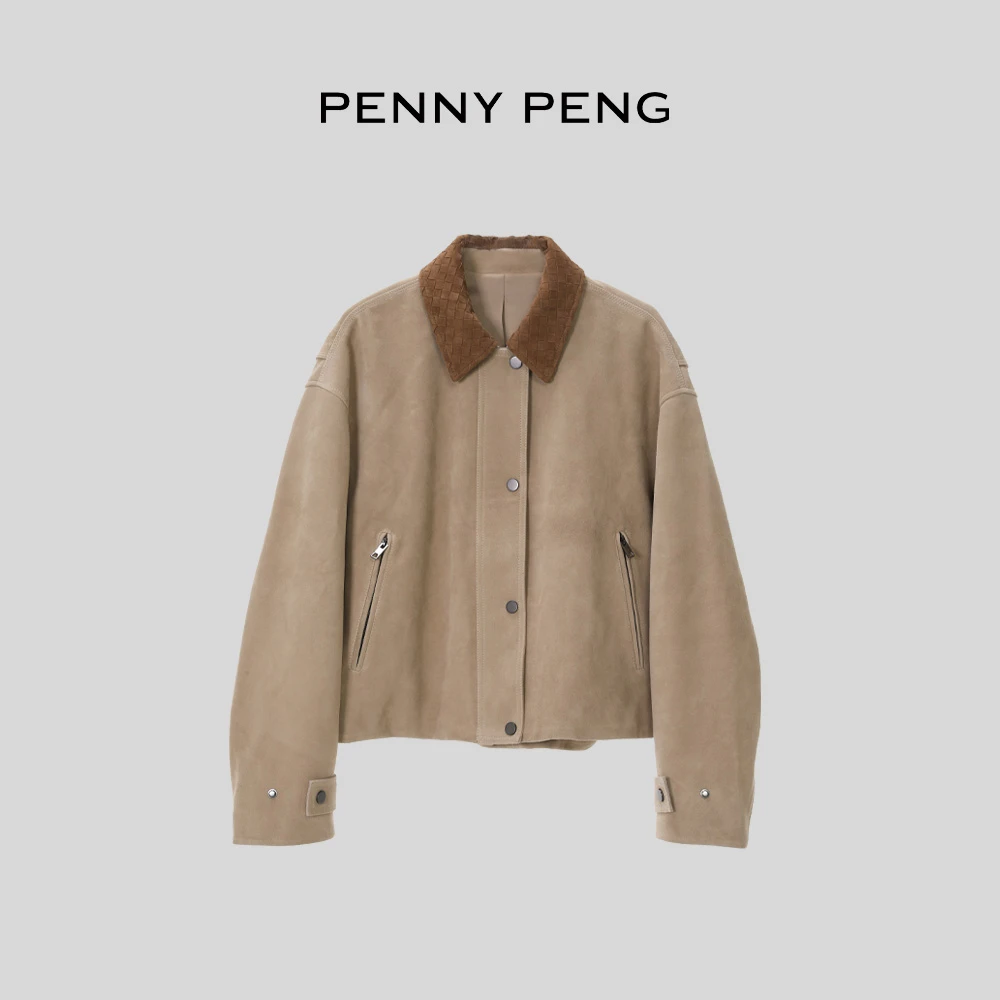 PENNYPENG秀场巴恩风100绵羊毛春季重工气质宽松驼色翻领羊皮外套