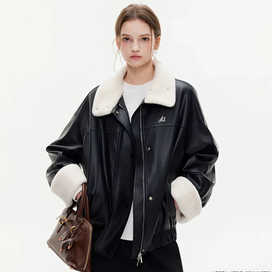 Azmii高级感复古皮毛一体羊羔毛外套冬季新款宽松加绒加厚上衣服