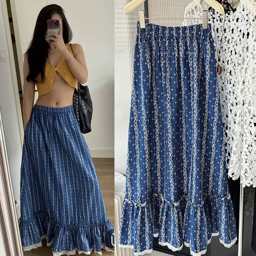 蓝白条纹蕾丝边半身裙女2025春夏新款设计感半裙高腰显瘦a字长裙