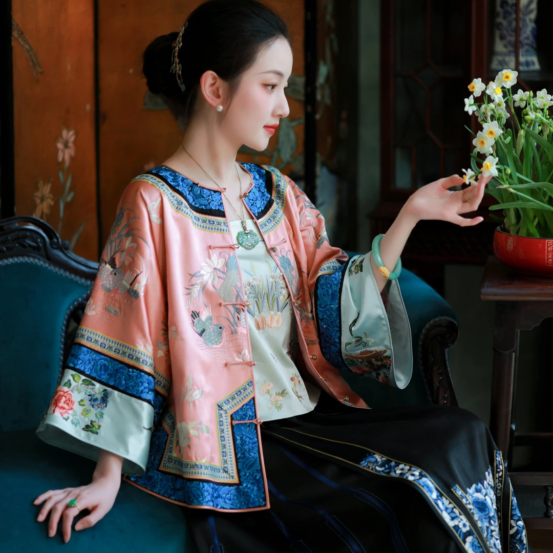 花间并羽丨一城风絮丨春夏真丝复古绣花清汉女对襟袍褂圆领上衣女