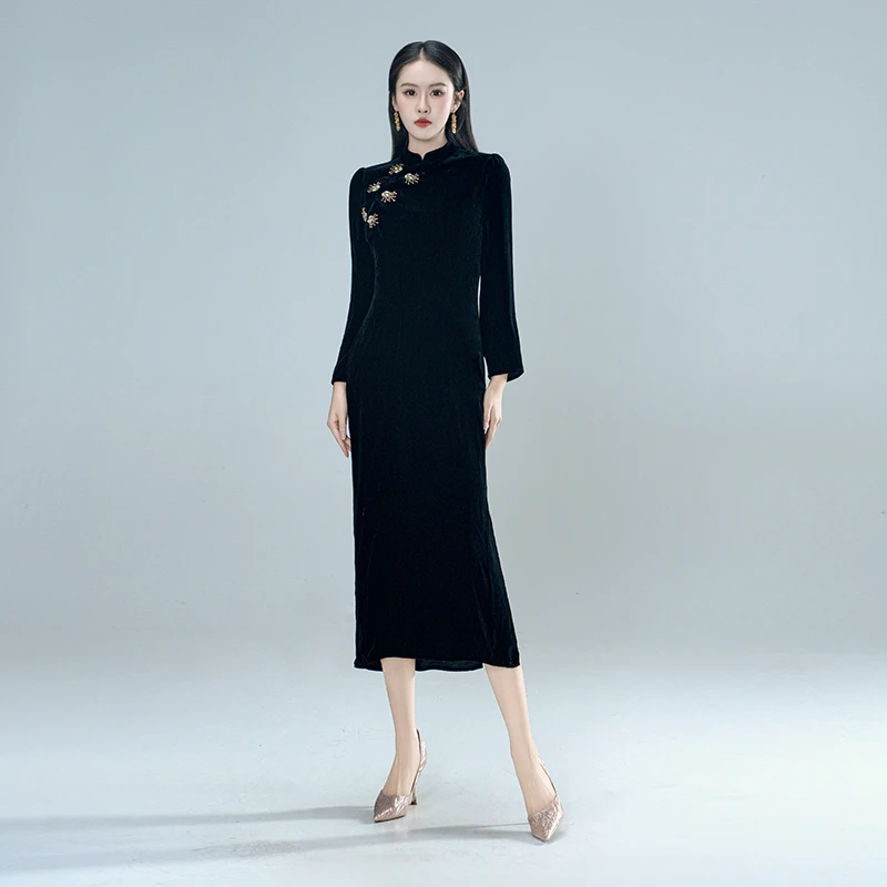 青娘子（丝柳）真丝丝绒中式钉珠花阔太太洋气高贵旗袍连衣裙-61510