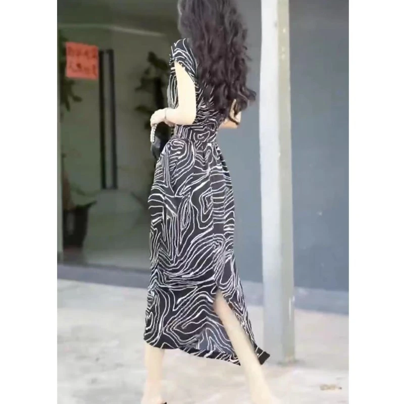 【大爱美依缘】新款时尚显高立领短袖修身后开叉显瘦长款气质连衣裙