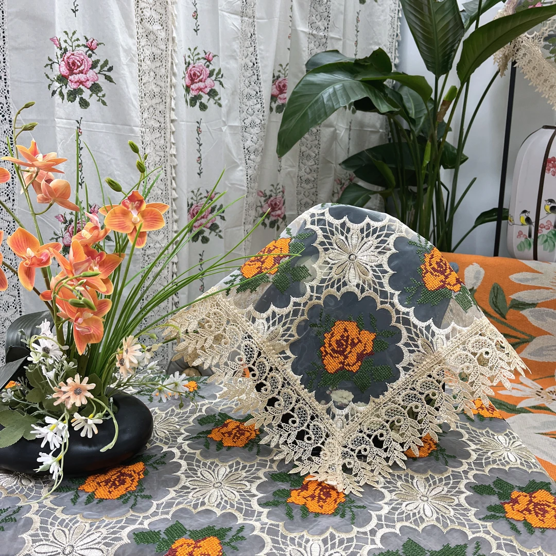 DY023-26-3玻璃纱(40CM方 ）橘色牡丹手工刺绣盖巾