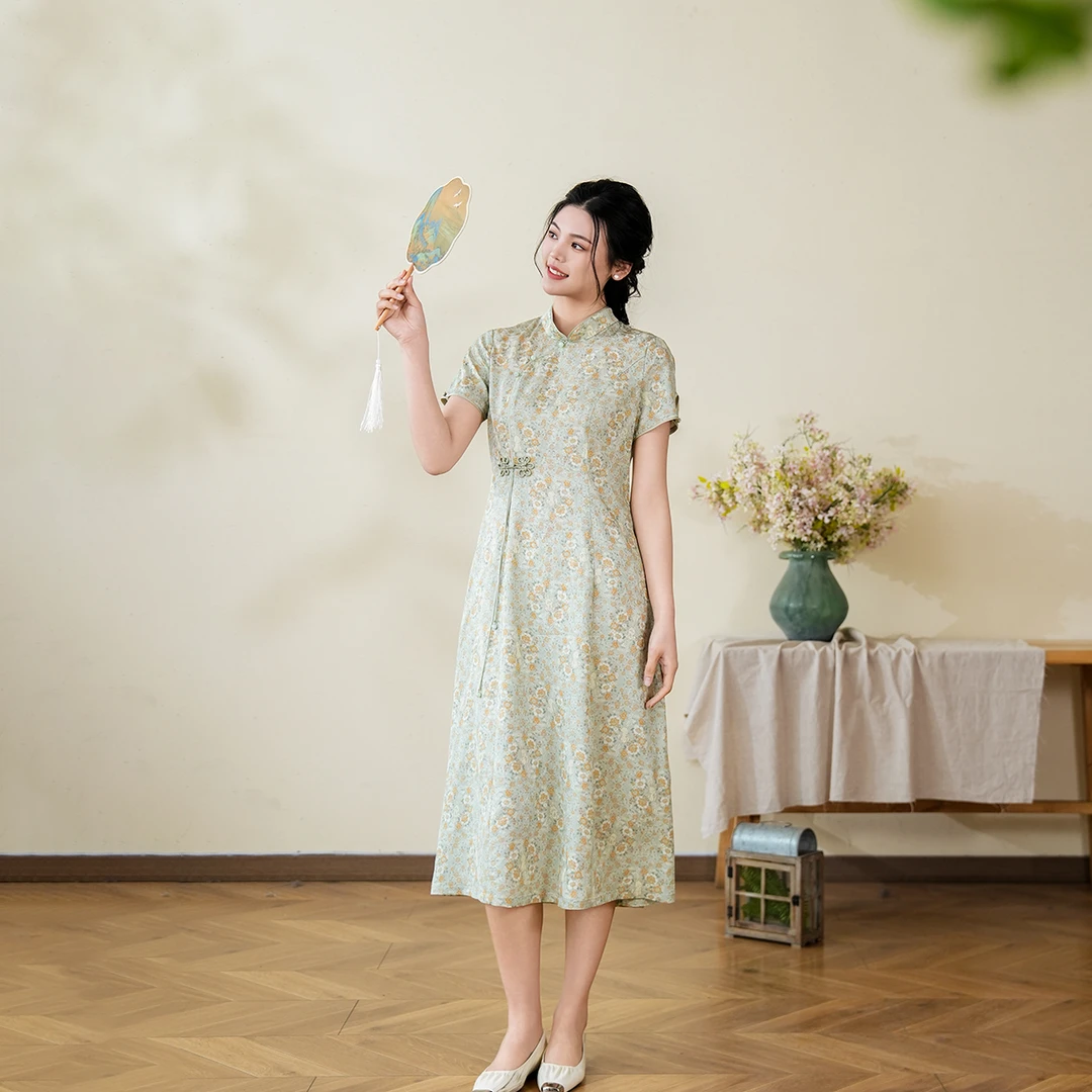 布符2025年夏季新品立领短袖中式偏襟盘扣旗袍修身显瘦气质MXQPQ5