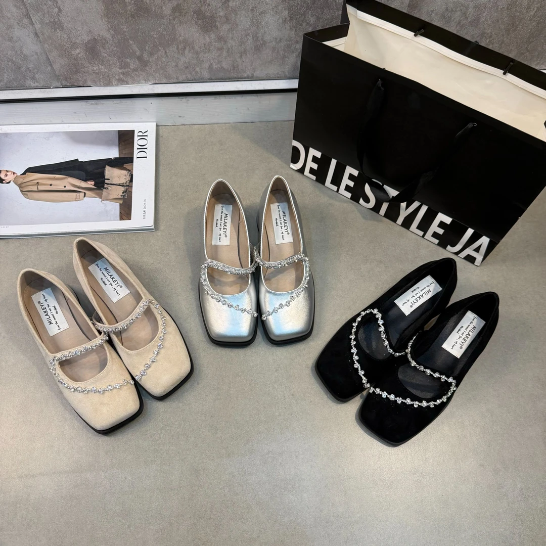 2025年春夏季新款水钻百搭时尚气质玛丽珍跟鞋爆款马蹄跟方头单鞋