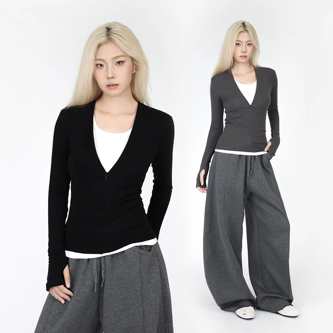V领长袖打底衫女2025年初秋新款弹力紧身拉链莱赛尔显瘦内搭通勤T