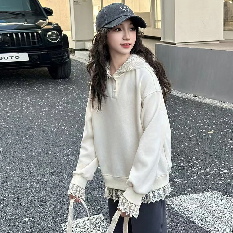 【丫丫童品】2025春季新款大童女童蕾丝花边帽卫衣A286