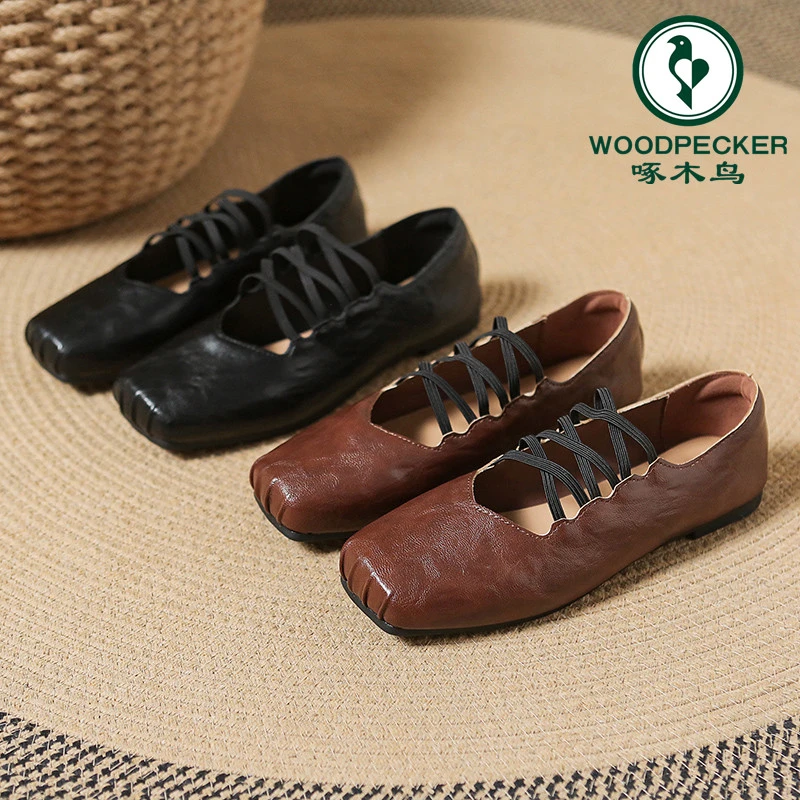 啄木鸟复古小众交叉绑带单鞋褶皱方头猪鼻子浅口芭蕾舞鞋女