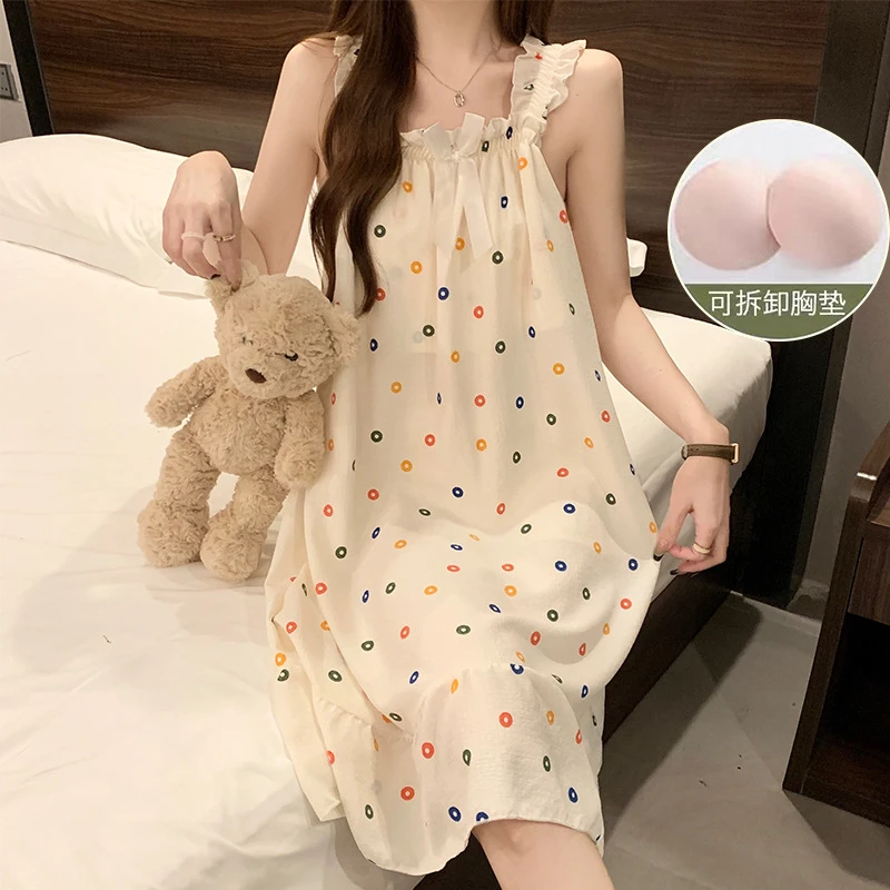 新款夏季带胸垫可拆卸睡裙少女卡通甜美吊带网红泡泡棉家居服外穿