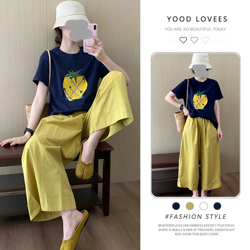 韩系穿搭简约印花短袖t恤夏季2025新款减龄上衣休闲阔腿裤套装女