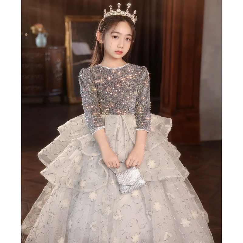 儿童礼服高端女童亮片主持人晚礼服生日宴公主裙花童钢琴演奏轻奢