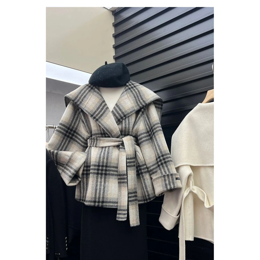 2025新款韩系小香风收腰呢子大衣高级感名媛气质格纹毛呢外套女冬
