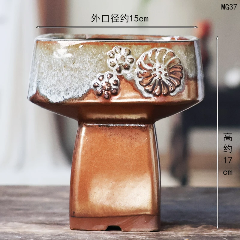 【厂家直供】简约多肉法师泼墨流釉粗陶透气花盆蘑菇小方盆窗台阳台
