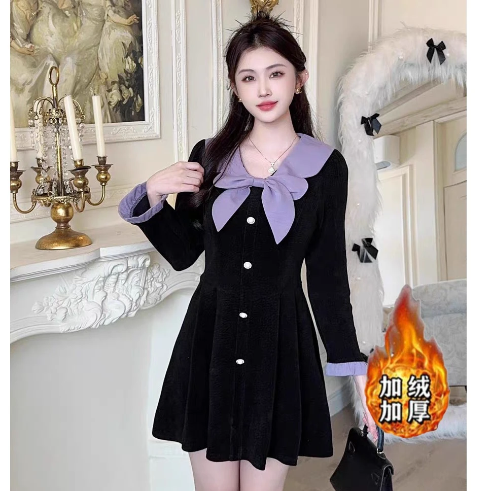 冬季新款法式高级感穿搭一整套韩版蝴蝶结收腰显瘦连衣裙女3006