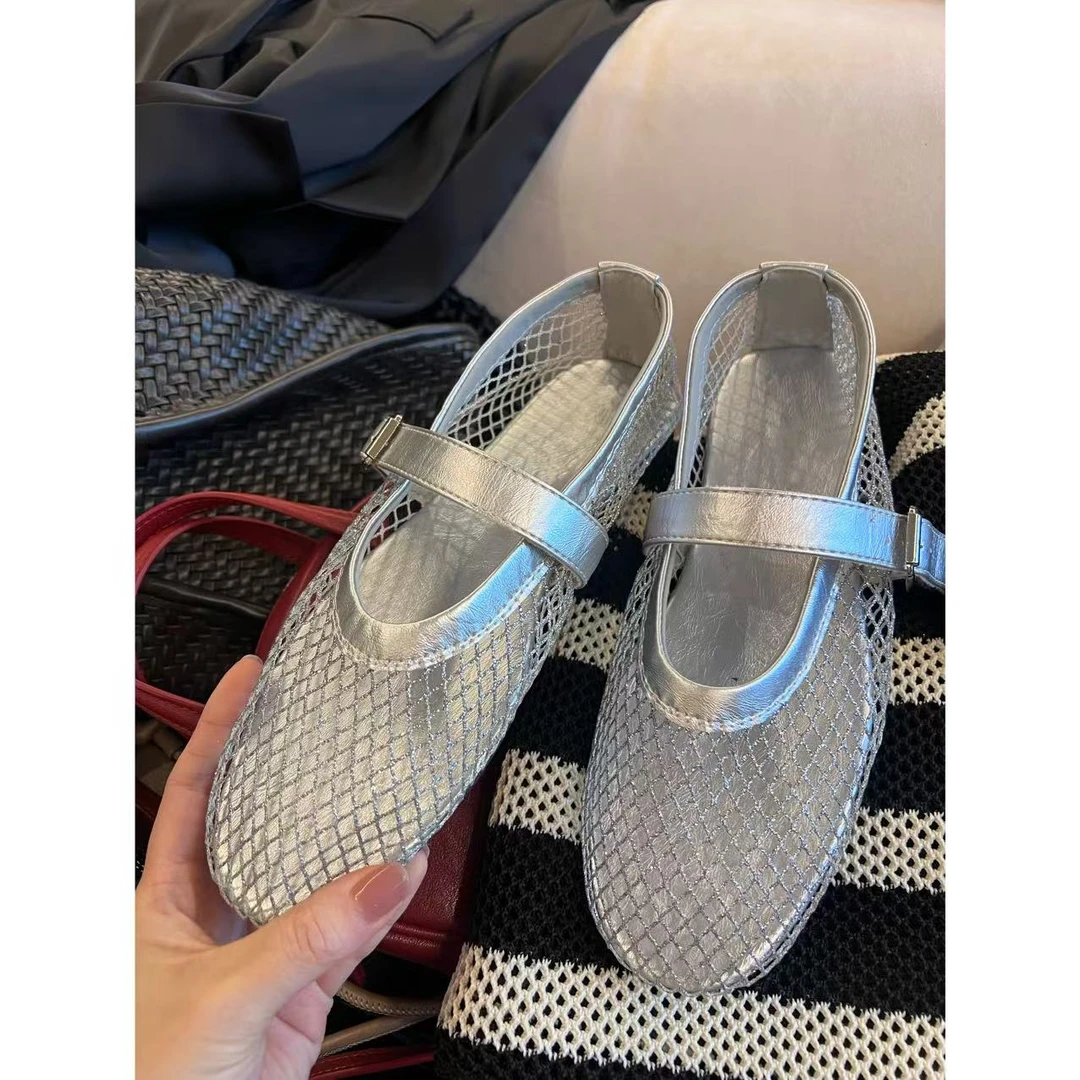 玖了个玖 2025夏款 时尚百搭银色网面镂空鞋 2504C1887