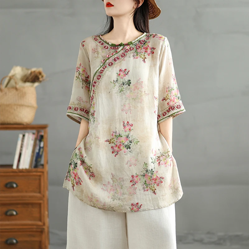 新中式国风棉麻衬衫短袖女装夏季新款斜襟盘扣小衫中长款刺绣上衣