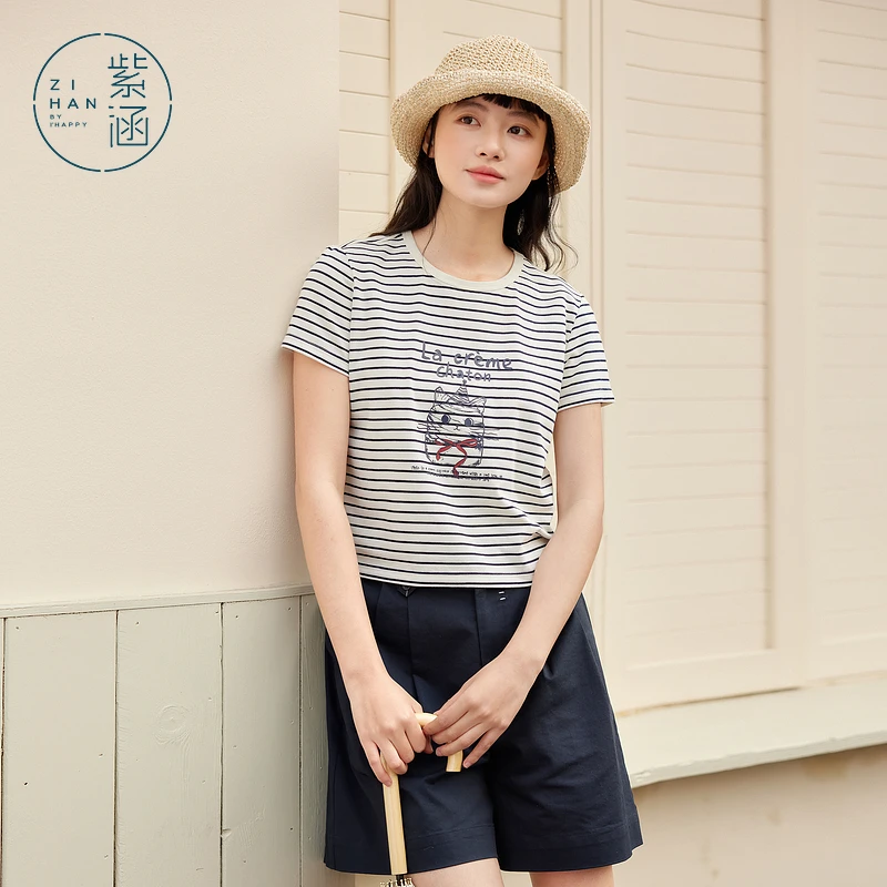 紫涵猫咪印花条纹圆领正肩T恤2025夏季短袖上衣Z5Z04AS234