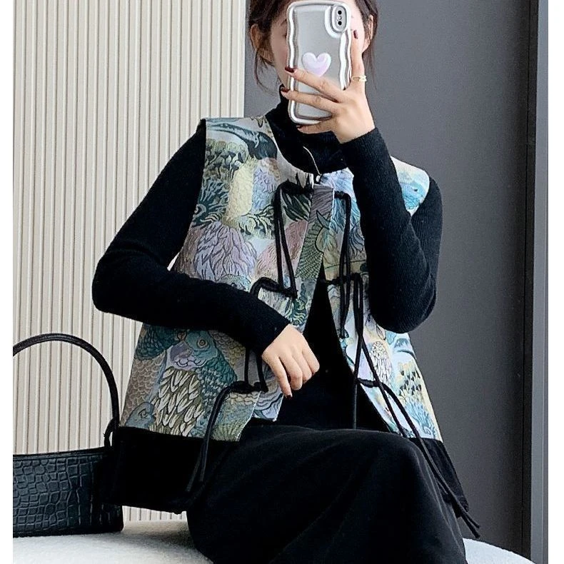 2025秋装新女士复古新中式撞色气质马甲圆领盘扣高档轻薄通勤马甲