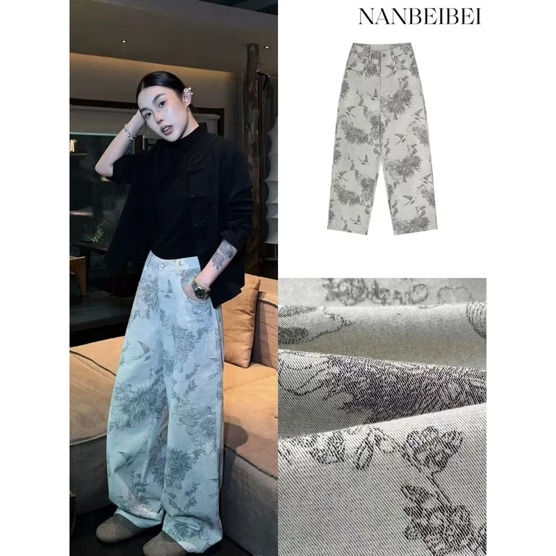 NanBeiBei‘小燕子’春季设计款百搭宽松提花牛仔长裤 037