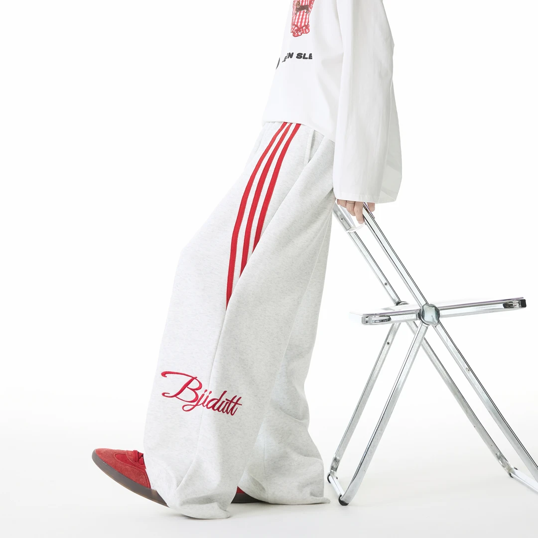 美式条纹拼接卫裤男字母刺绣休闲运动裤子宽松大码直筒阔腿裤百搭