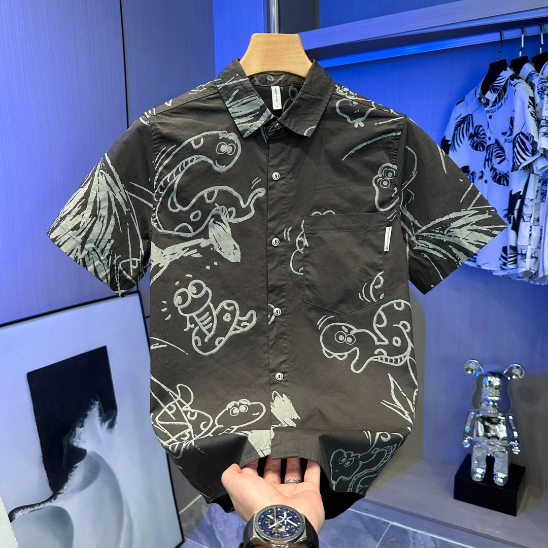 夏季新款日系潮流印花衬衫男士薄款纯棉短袖时尚印染帅气百搭衬衣