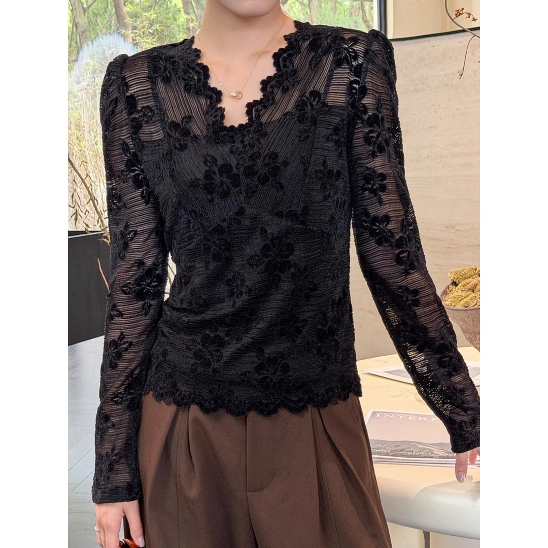 假两件加绒黑色打底衫女内搭高级感秋冬长袖t恤磨毛刺绣外穿上衣