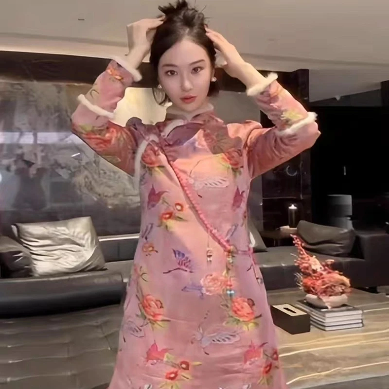 【爆姐严选】中式国风粉色盘连衣裙气质改良旗袍独特绝美AL1-7382