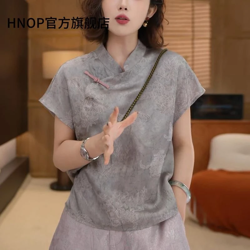 新中式国风斜襟立领短袖衬衫女士夏季薄款高级感小衫宽松显瘦上衣