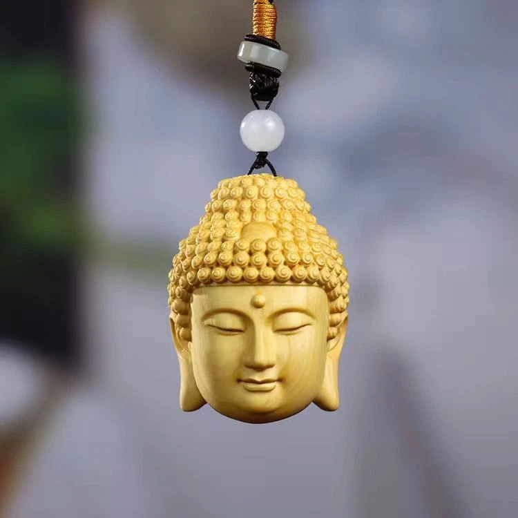 黄杨木木雕手把件大日如来佛头实木文玩佛相汽车挂件保平安摆件