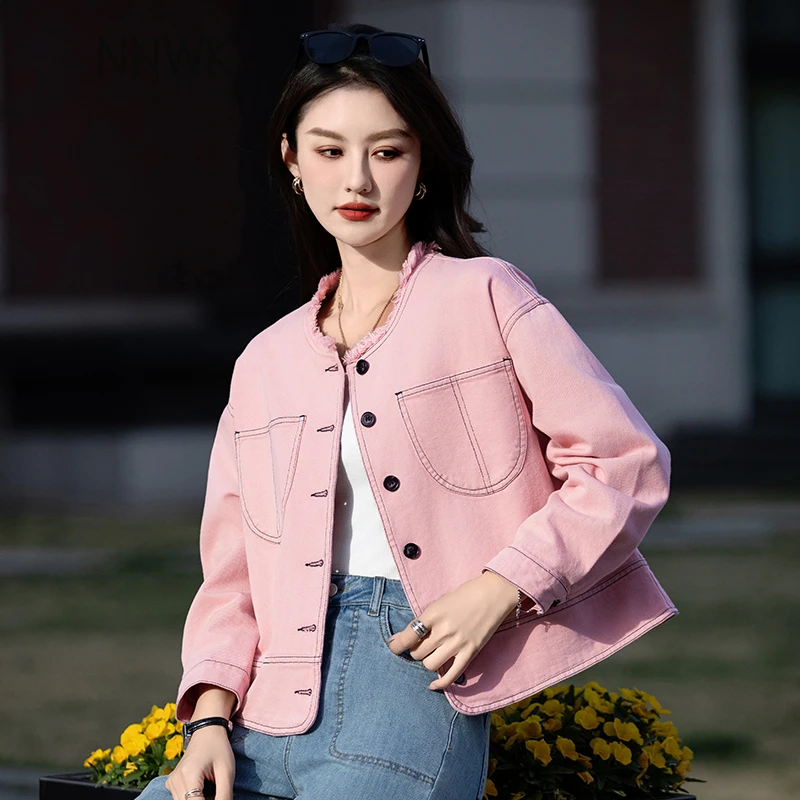 粉色无领牛仔外套女高级感春季女装宽松短款上衣气质名媛显瘦长袖