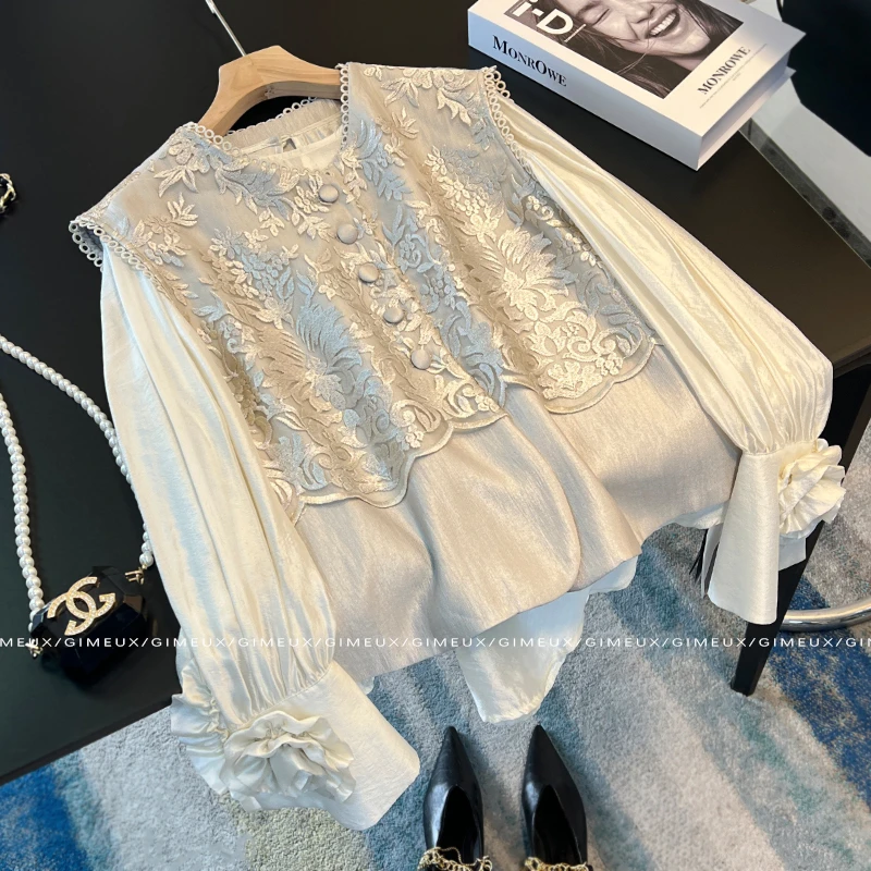 早春法式温柔风气质上衣套装2025款新中式蕾丝刺绣拼接马甲衬衫女