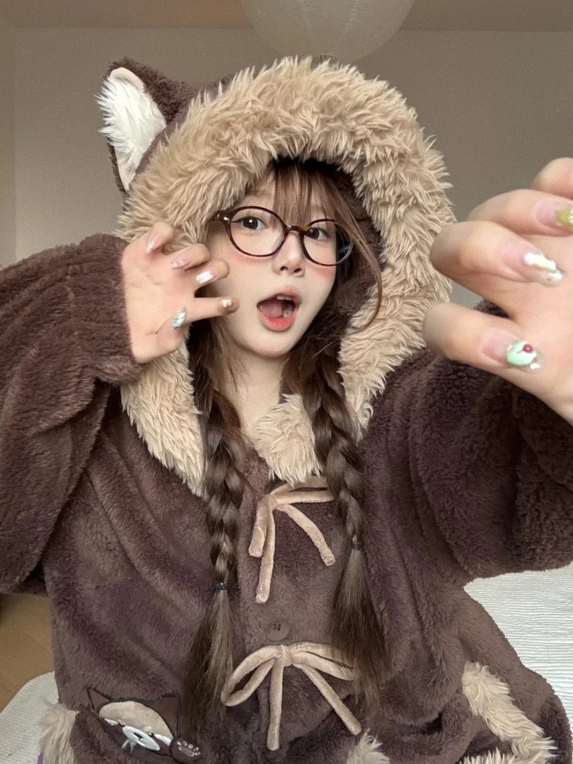 【小浣熊连帽】网红毛绒绒睡袍珊瑚绒睡衣女秋冬加绒加厚保暖家居服