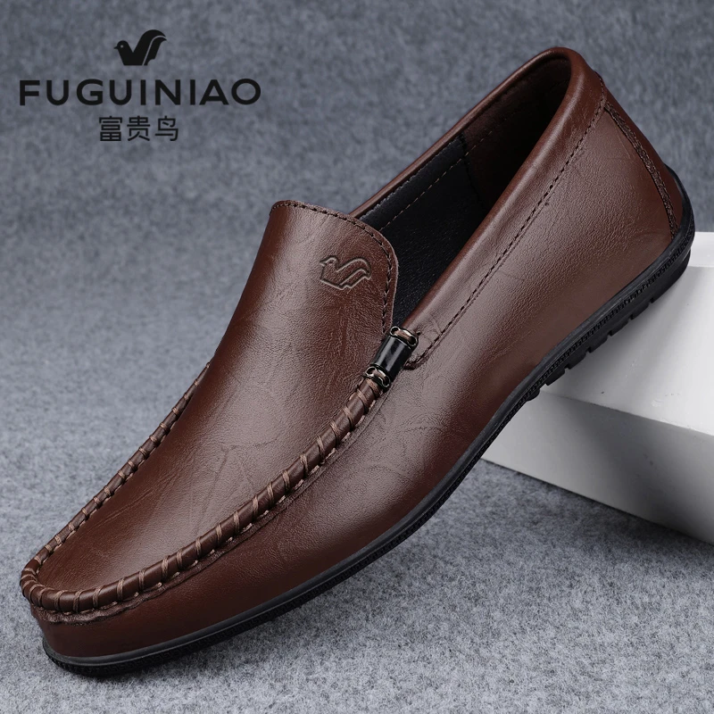 【富贵鸟正品】皮鞋男春季百搭潮真皮豆豆鞋软底舒适一脚蹬休闲皮鞋