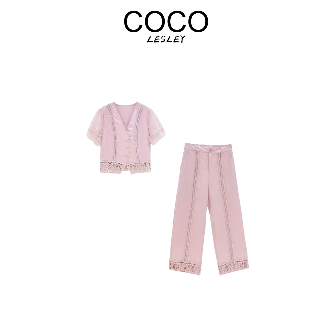 【COCO LESLEY】蕾丝V领短款背心搭配钩花点缀裤子套装msl386