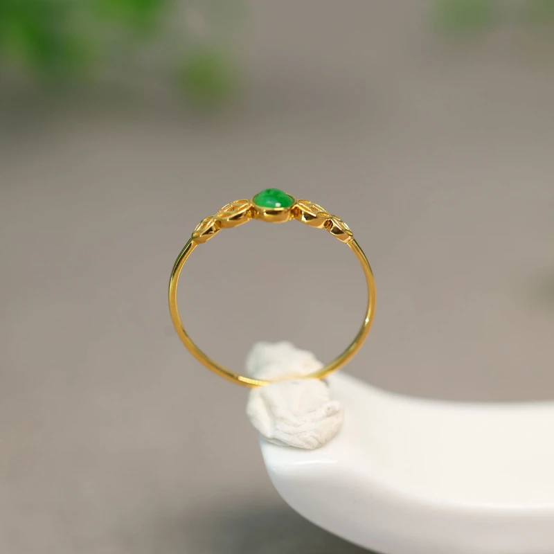 #I843 18K金镶嵌冰种满绿天然A货翡翠蛋面戒指简约女戒