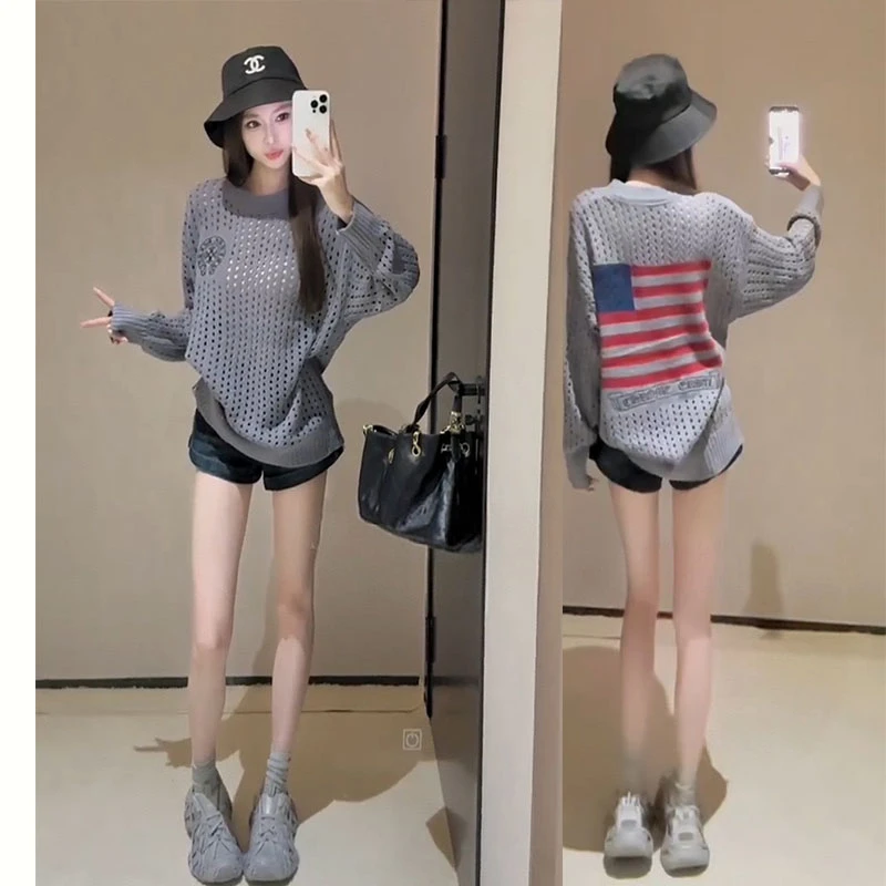 慵懒风薄款显瘦镂空针织衫2025秋季新款宽松遮肉时尚洋气百搭上衣