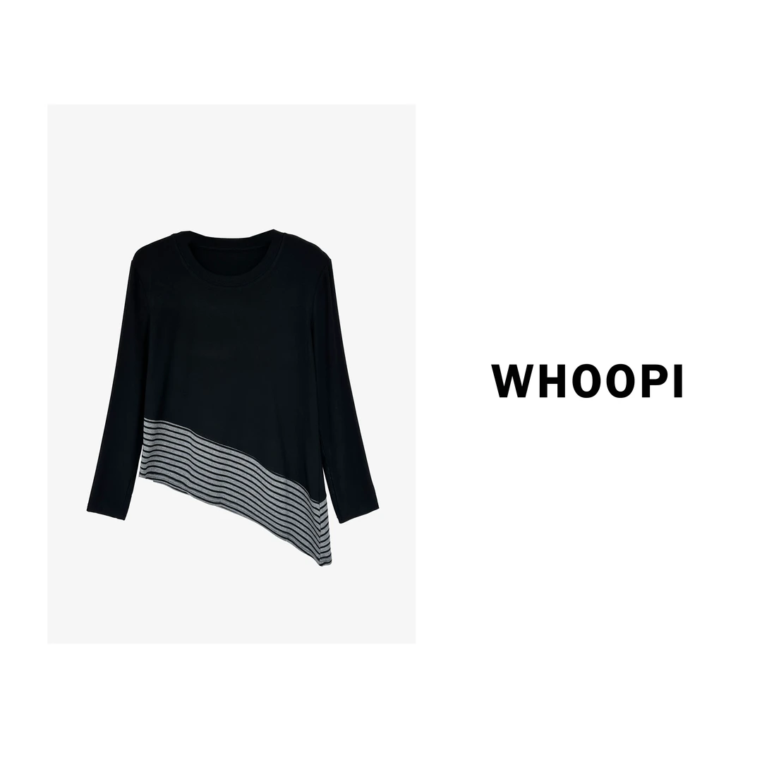 【Whoopi】【秋尔线谱】设计感复古拼接不对称条纹长袖圆领T恤上衣