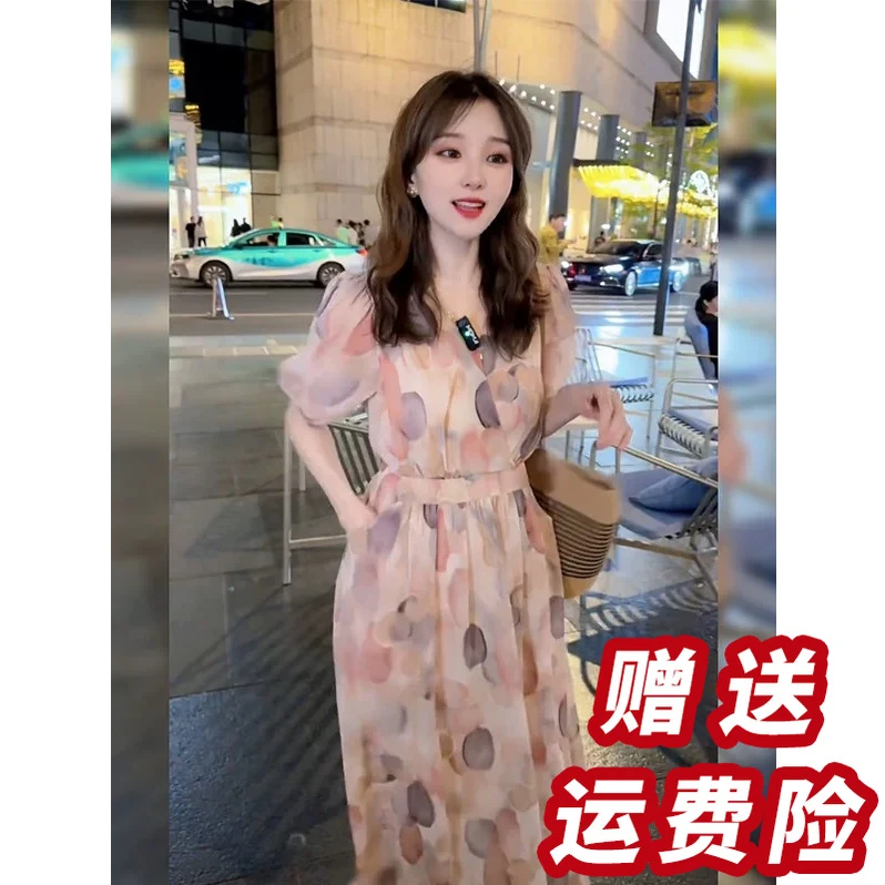 法式波点短袖连衣裙女收腰显瘦长裙2025季新款D5092