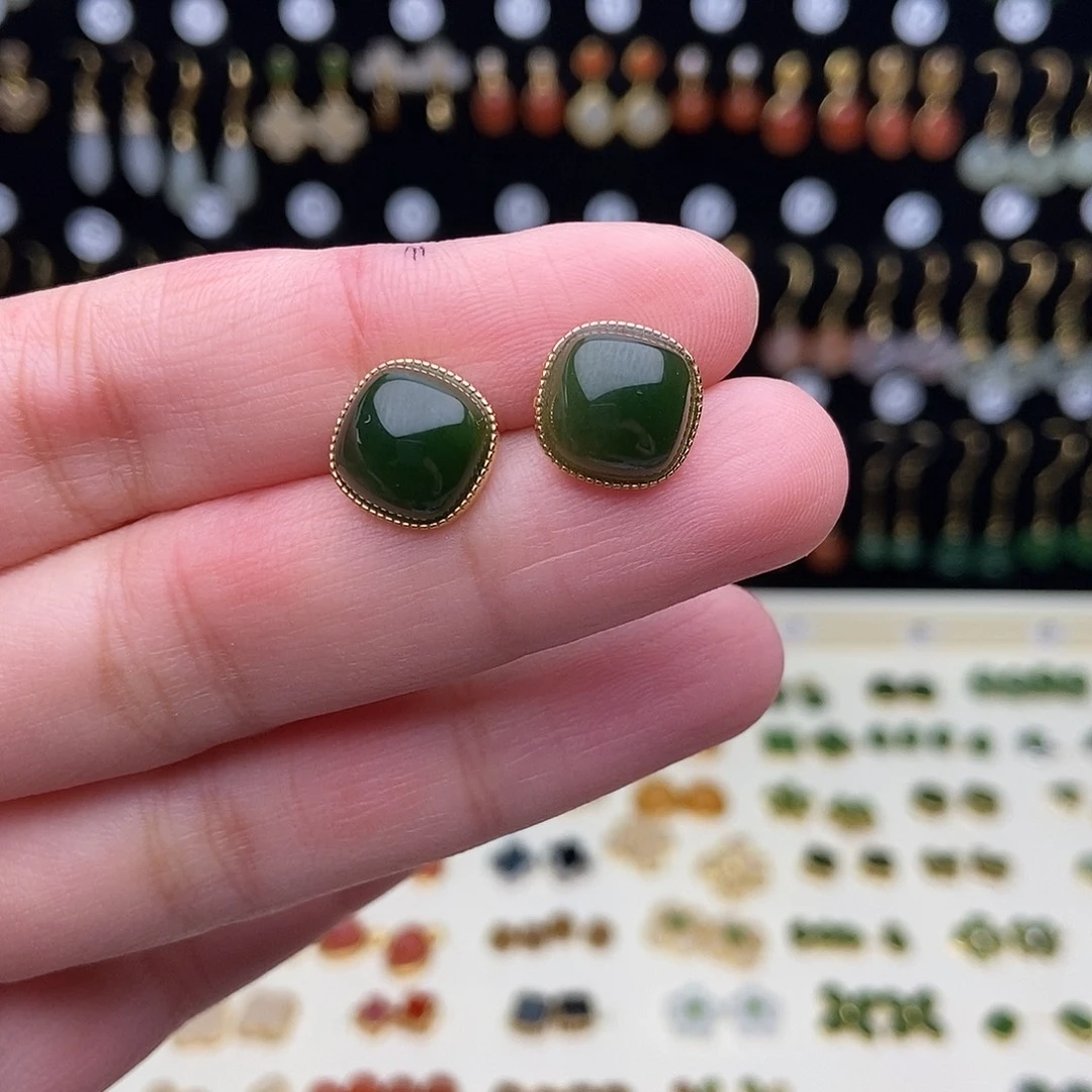 和田玉银S925镀金镶嵌耳饰