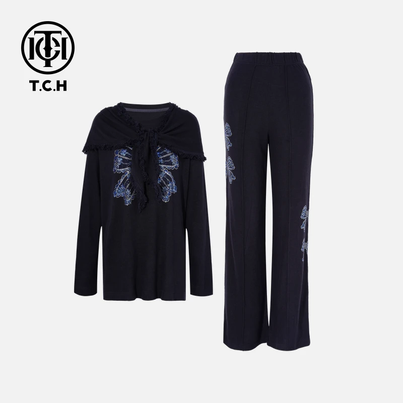 TCH私服烫钻工艺秋季禅意仙气飘飘时尚套装女T75C07E1040轻奢tch