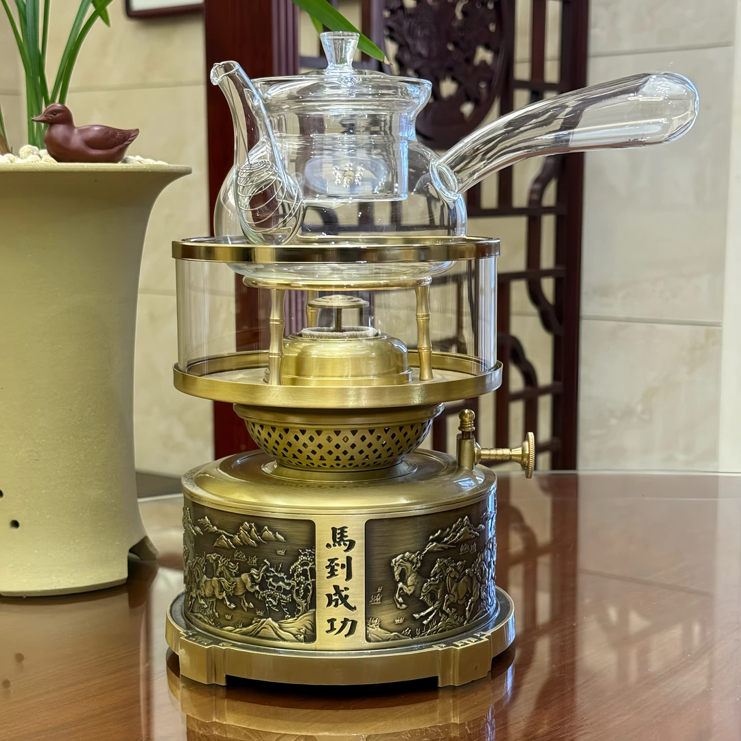 复古黄铜空气灯煮茶炉雕花浮雕手工制作高档茶具煤油灯全套配齐