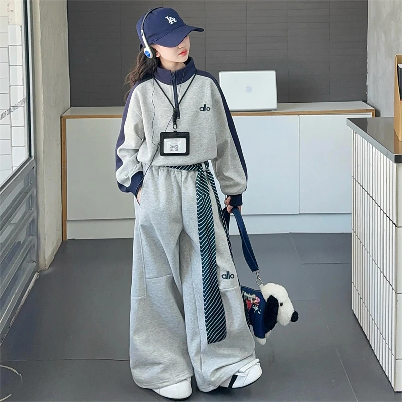 女童秋冬卫衣套装2025新款儿童加绒秋装大童洋气半高领上衣阔腿裤