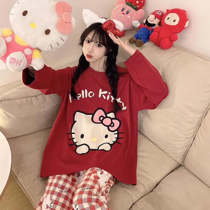 春秋款睡衣女纯棉长袖薄款可爱卡通初中生大码学生秋季家居服套装